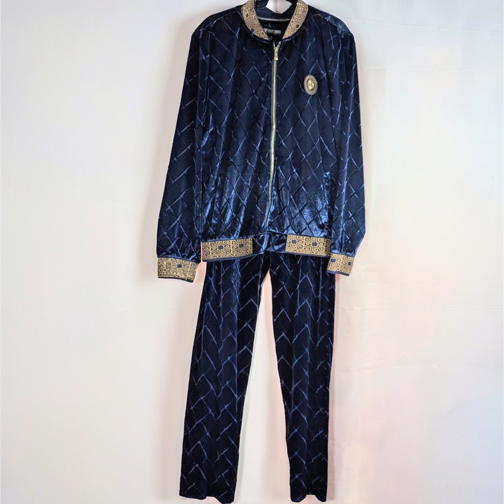 Stacy Adams Mens Navy Blue Quilted Velour Tracksuit Greek Key Lion Head Set M